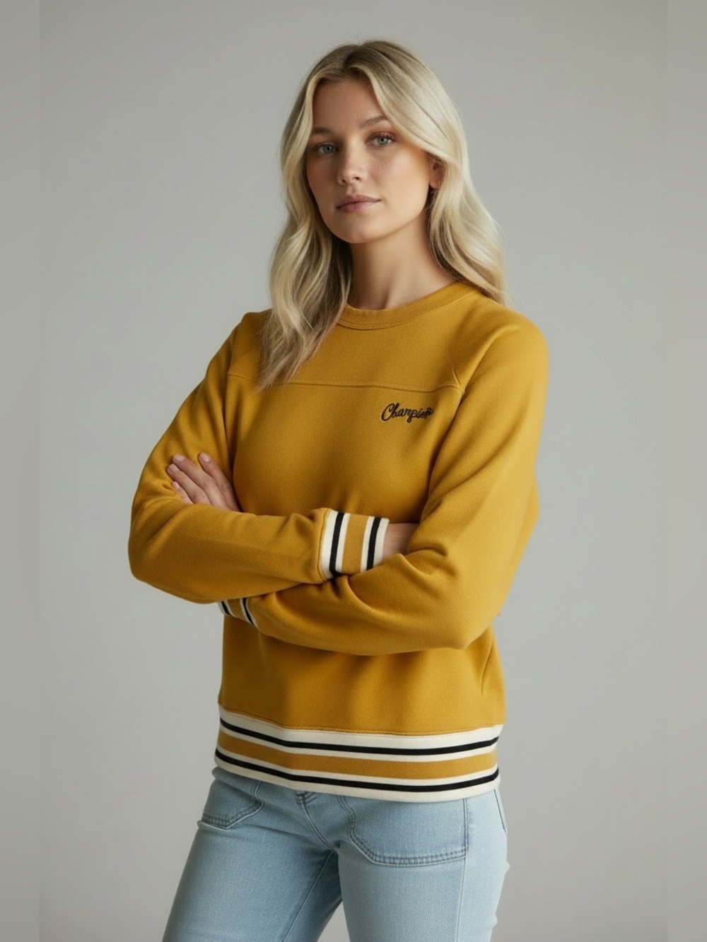 Champion Mustard Crewneck Sweater with Striped Hem